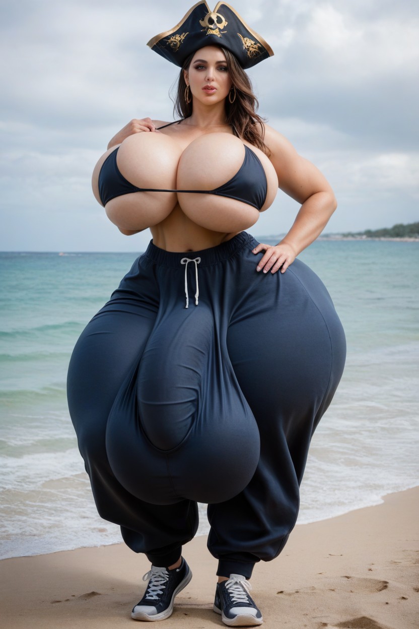 Exaggerated Oversized Gigantic Balls, Beach, Gigantic Shemale AI Porn