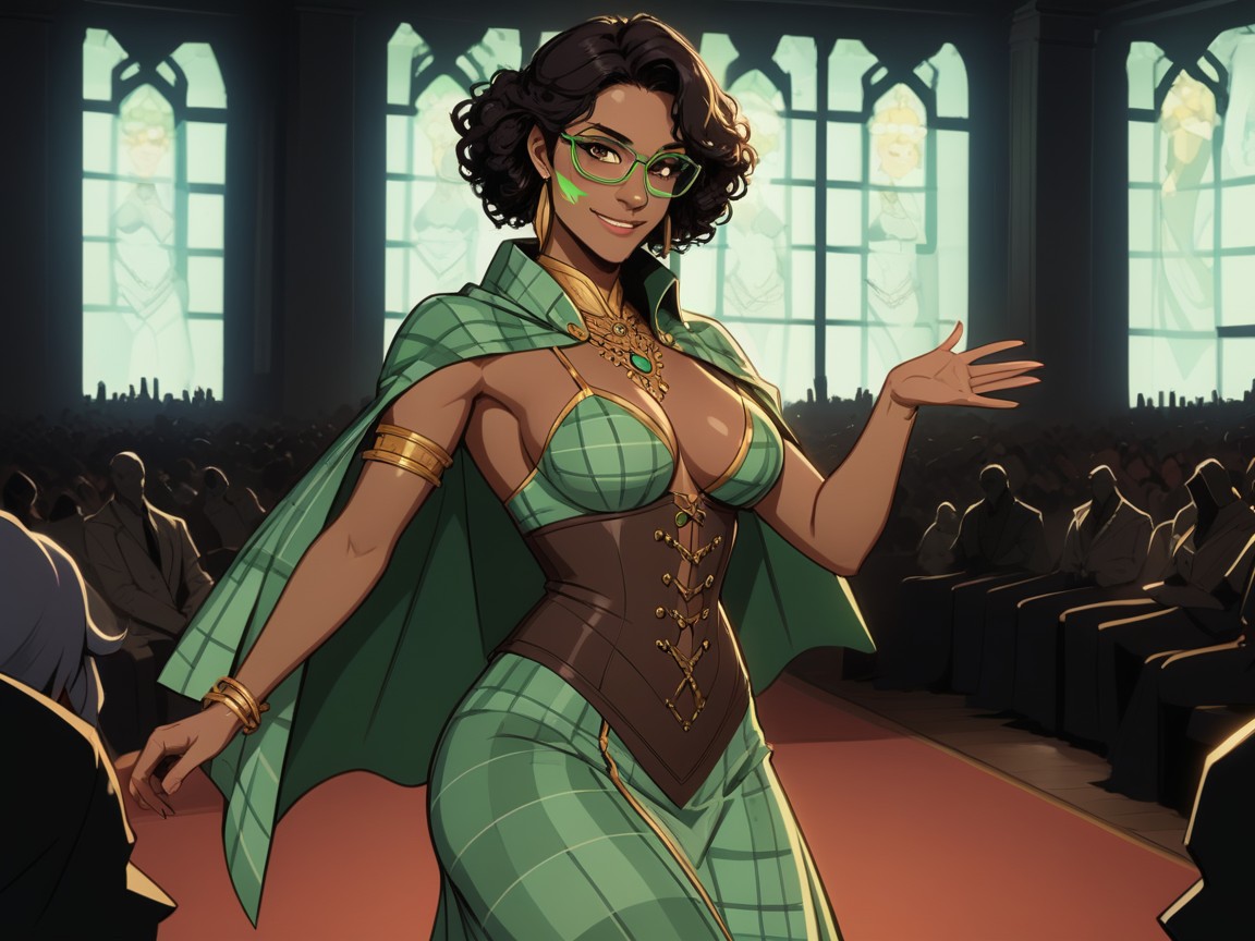 Green Plaid Alchemist Gown, Black Curly Hair, 1 Personne Porno IA Latina