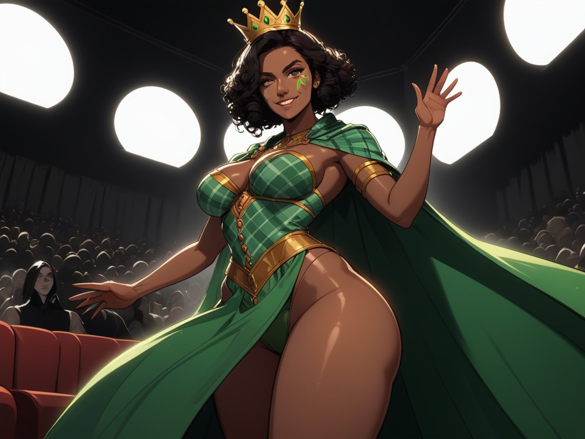 Wide Proportionate Waist, Asymmetrical Breasts, Green Plaid Stage Curtains In Background Latina KI Porno