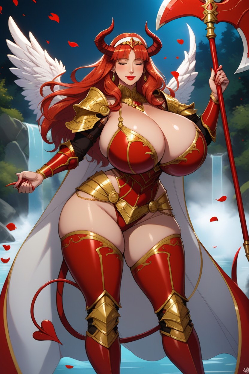 White Hairband In Hair With Red Design, Absurdly Gigantic Breasts, 천사 라틴 AI 야짤