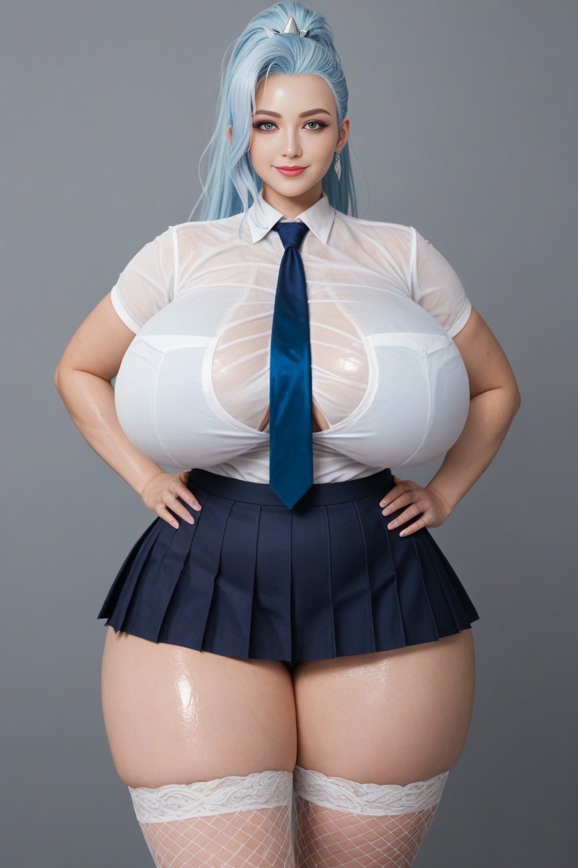 Breast Expansion, Hyper Voluptuous Thick Thighs, Skirt Barely Covering Hips And Ass AI Porn