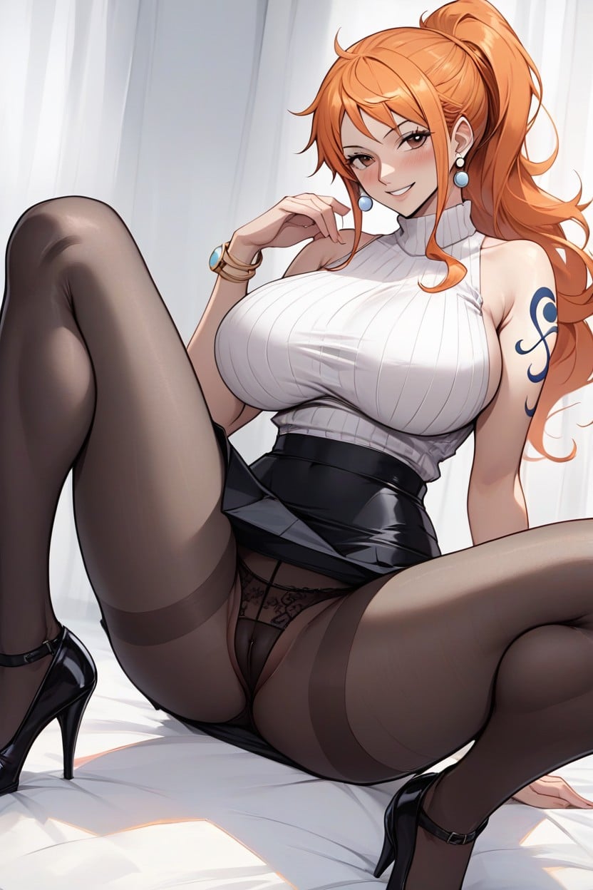 Sitting Down Legs Spread, Brown Eye, Bare Shoulders Hentai AI Porn