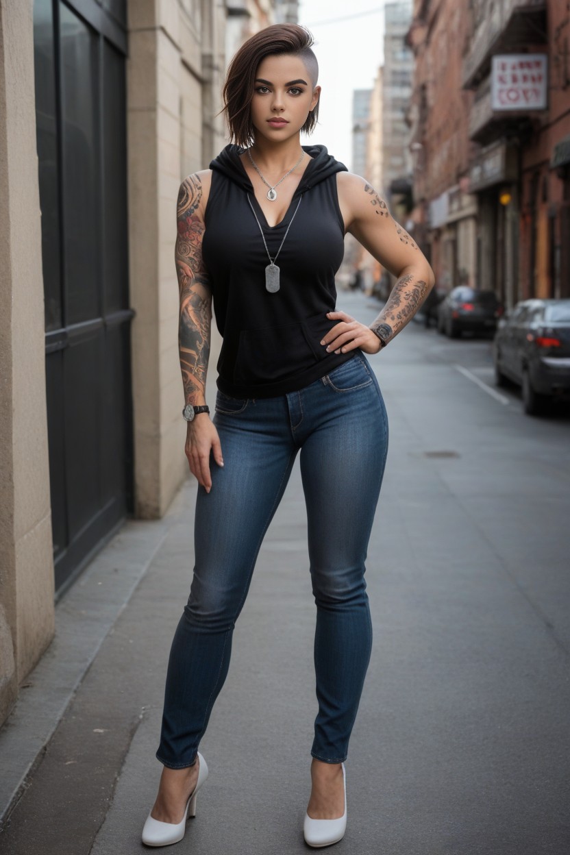 Blue Hair, Full Body View, Dogtag Chain Necklace AI Porn
