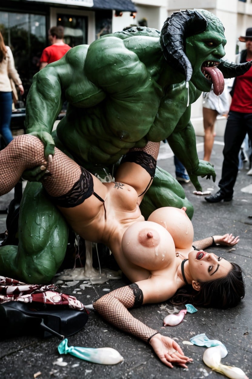 Woman Laying Down On Her Back, Very Muscled Female Body, Hyper Enormous Nipples AI Porn