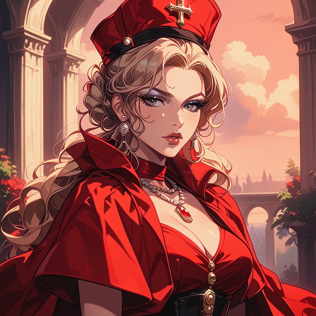 Sophisticated Red Fur Coat, Red Pillbox Hat, Lara Croft AI Porn