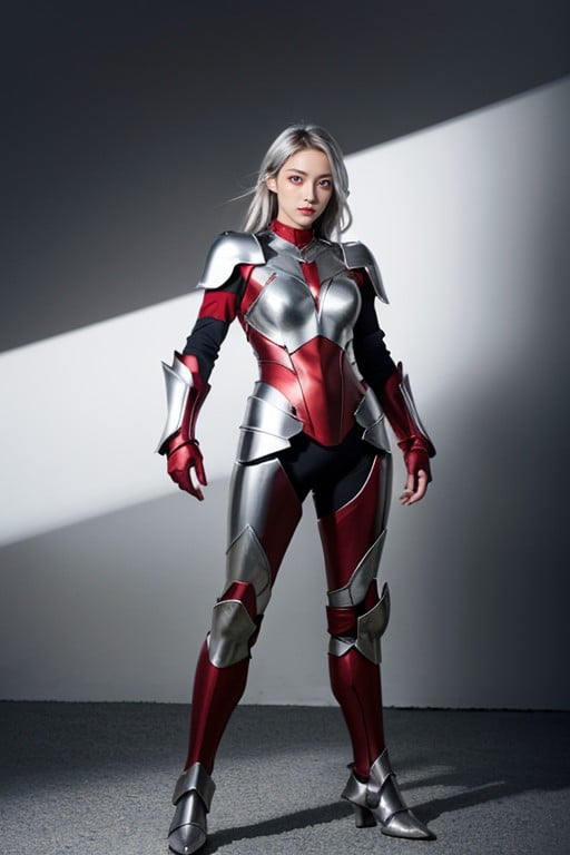 Silver Armor, Red Eyes, 오프숄더 아시아 AI 포르노