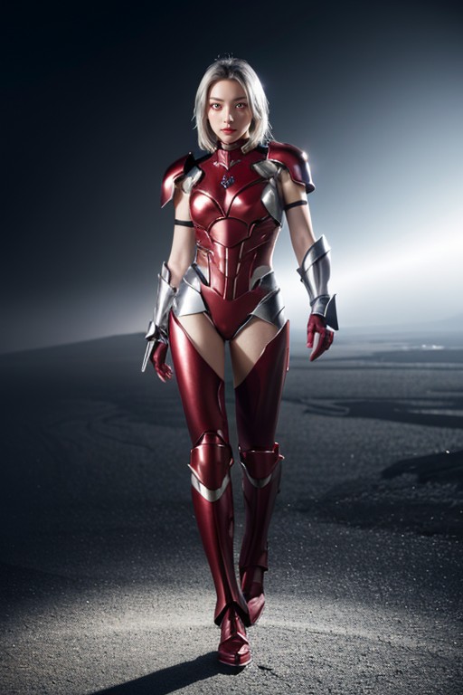 Silver Armor, Red Eyes, Hyper Realistic アジアのAIポルノ