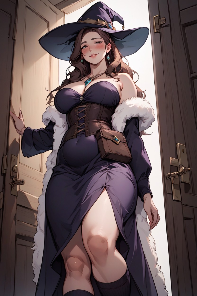 Fur Coat Hides Half Her Body, Cozy Cabin Background, Looking At Shorter Person Hentai AI Porn
