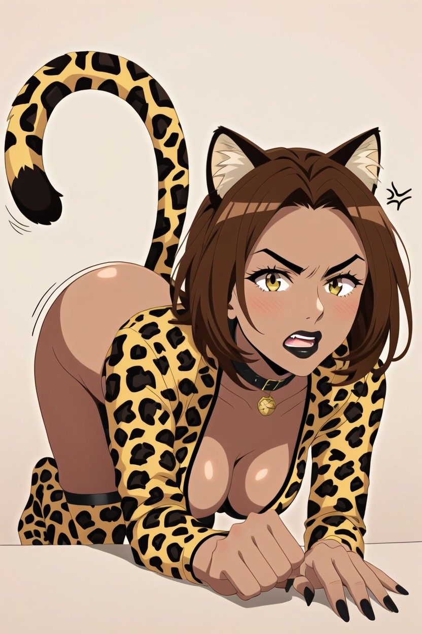 Dark Skin Brown, Angry, Leopard Print Thigh Highs Hentai AI Porn