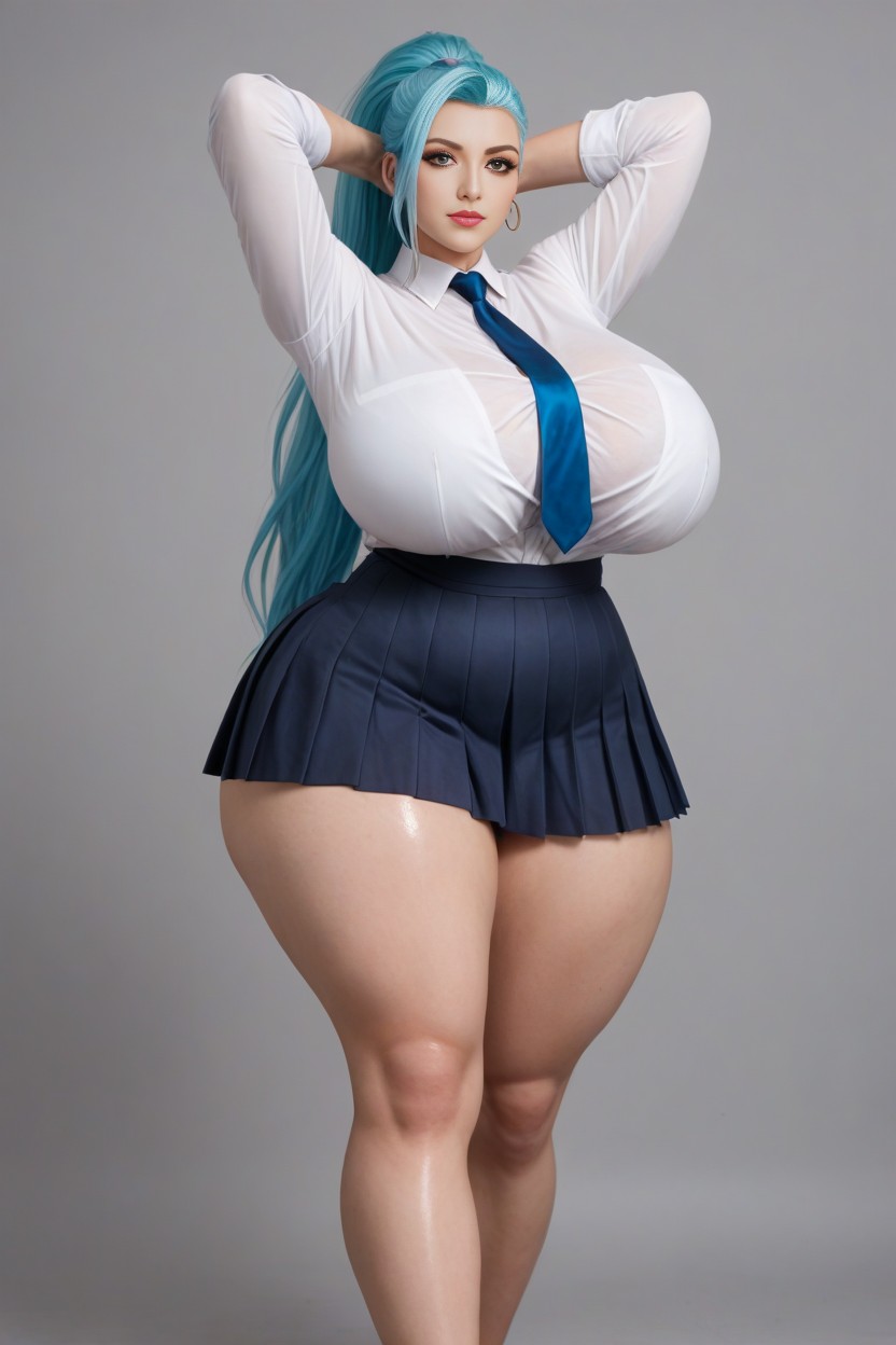 Eyes Wide Open, Blue Uniform Pleated Pattern Skirt, Thick Thighs AI Porn