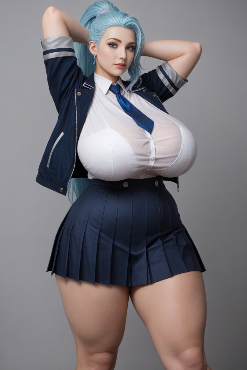 Longest Ponytail Possible, Gray Skin, Blue Tie AI Porn