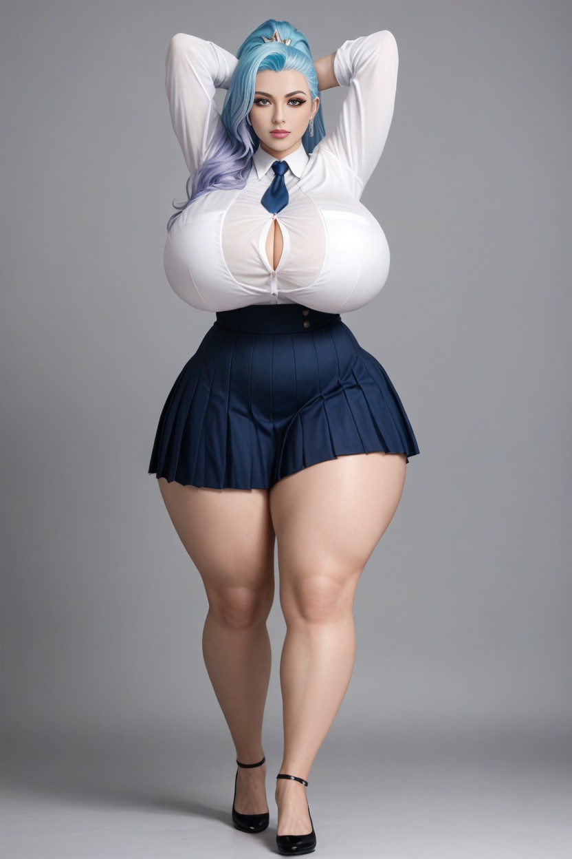 Ghostly Grey Pale Skinned Kda Seraphine From League Of Legends, Waist Shot Distance, Walking Towards Like A Model AI Porn