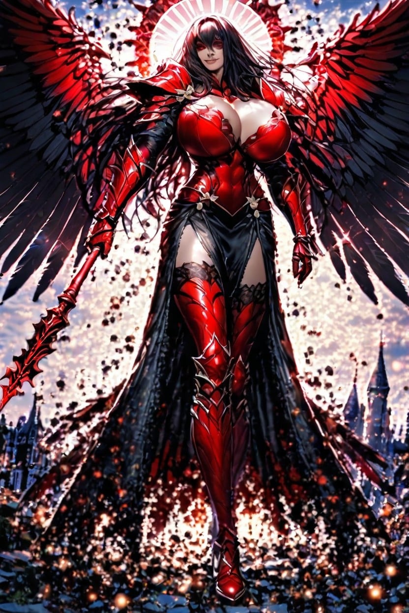 Castle, Sexy Wings On Back, Black Armor Cuirass With Red Trim On Chest Hentai AI Porn