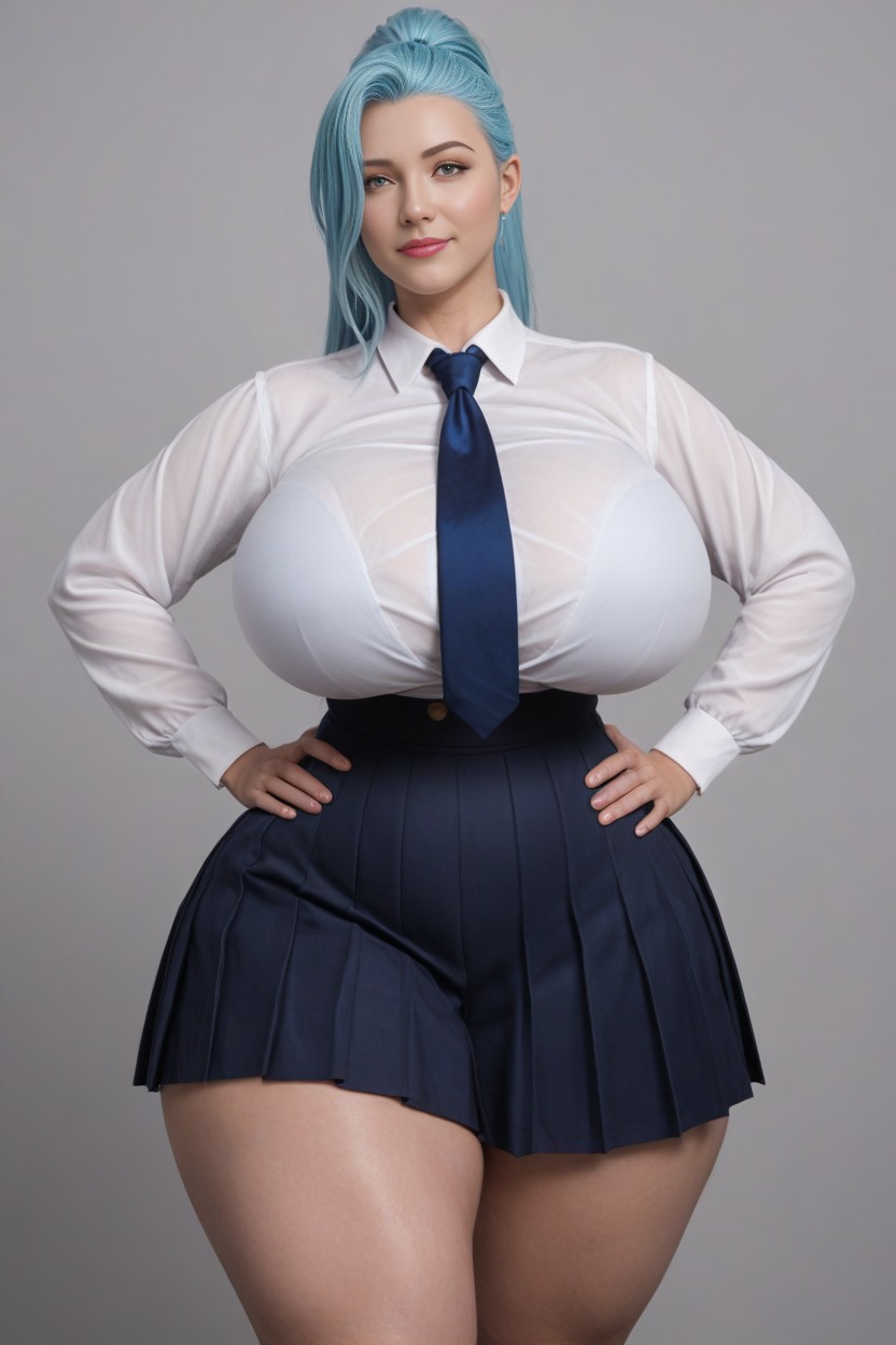 Ghostly Pale Skin, Hyper Massive Large Saggy Breasts Reaching Down Her Hips, Blue Pleated Pattern Skirt AI Porn