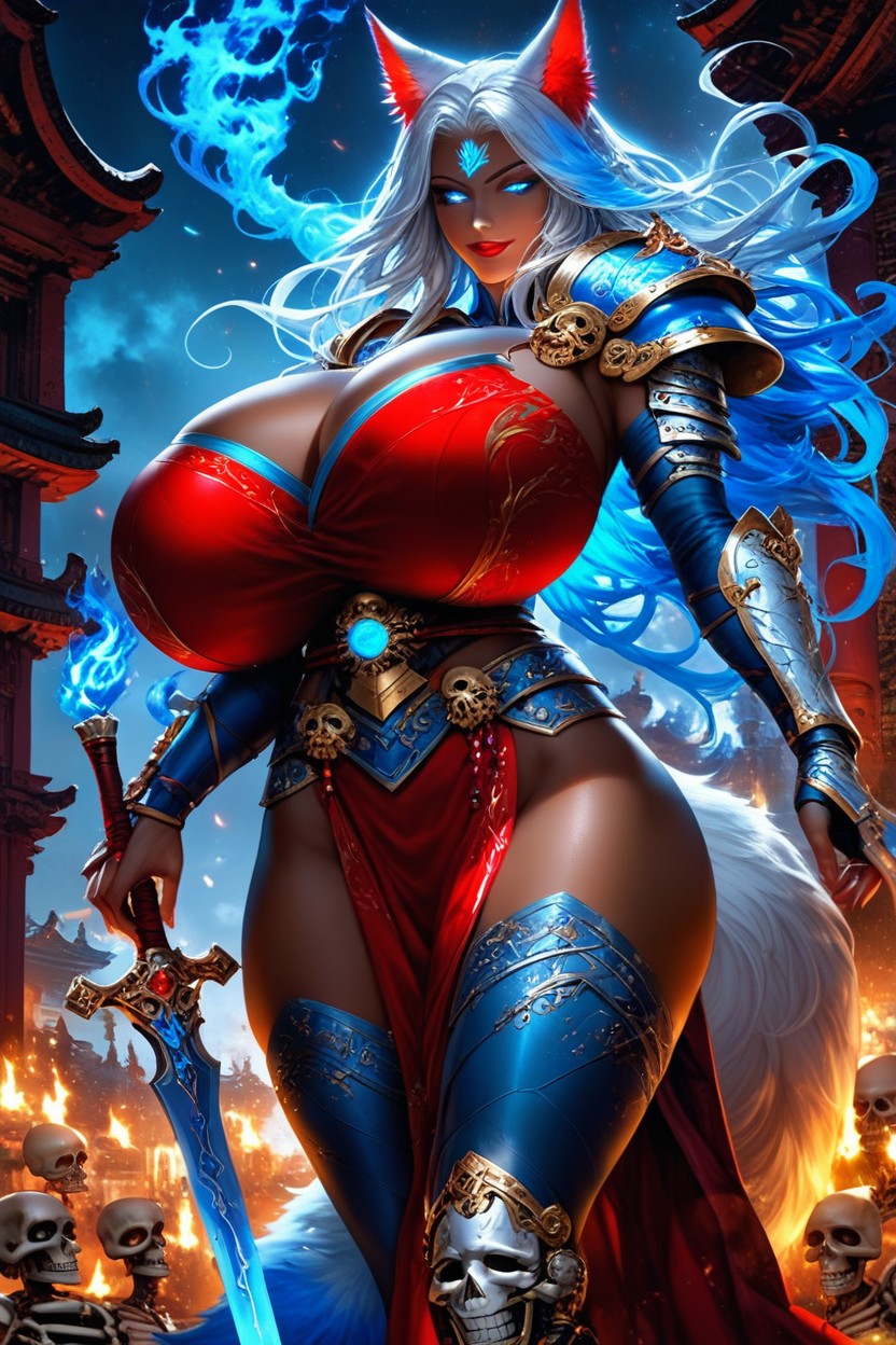 Temple, Fox Woman, Tail Made Of Flames Hentai AI Porn