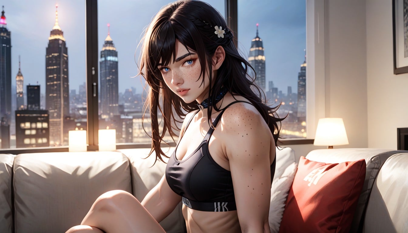Defined Crisp Lips, Soft Focus, Tight Black Sports Bra AI Porn
