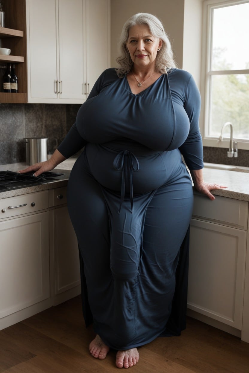 White Hair, Extreme Wide Figure Big Cellulite Legs Blushes, Ssbbw AI Porn