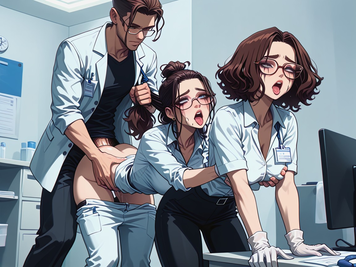 Two Female Nurses, Large Irises, Threesome AI Porn