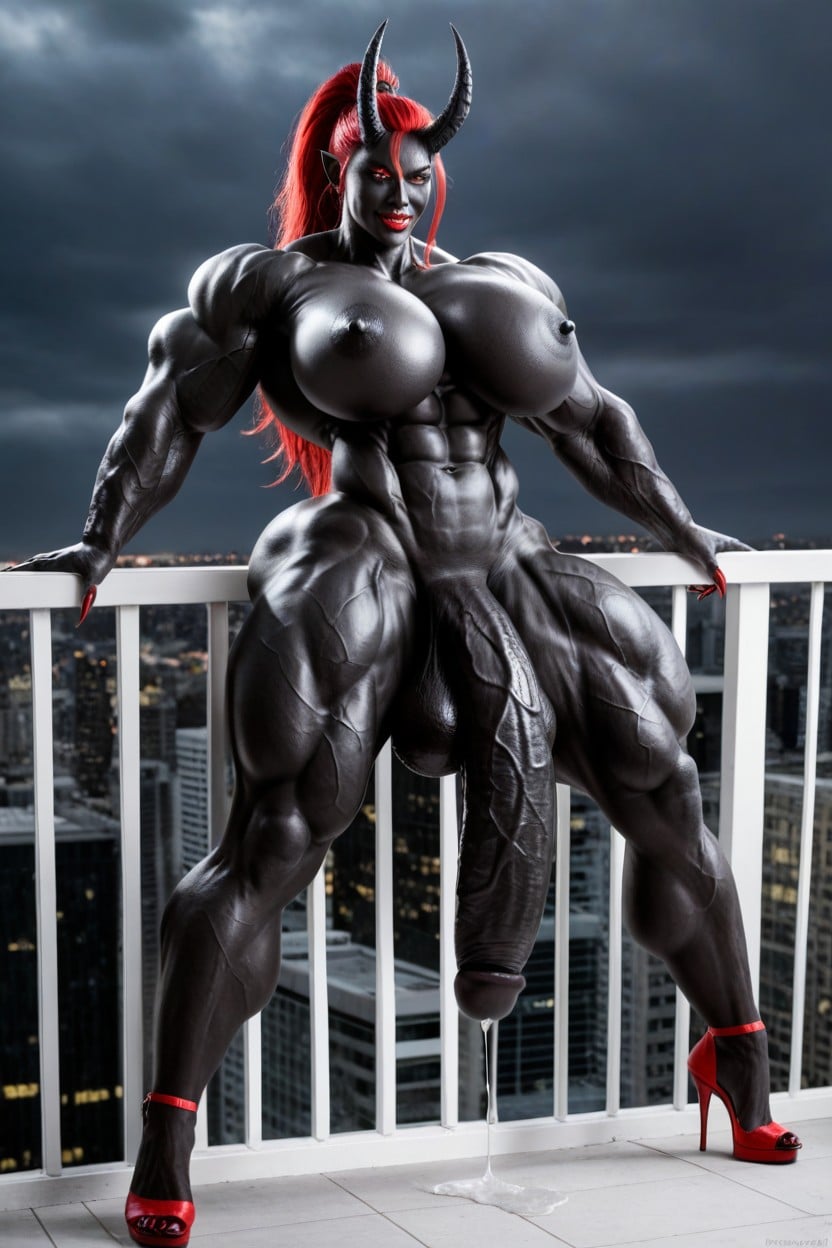Seductive Pose, Thick Thighs, Black Cock Bigger Than Body Shemale AI Porn