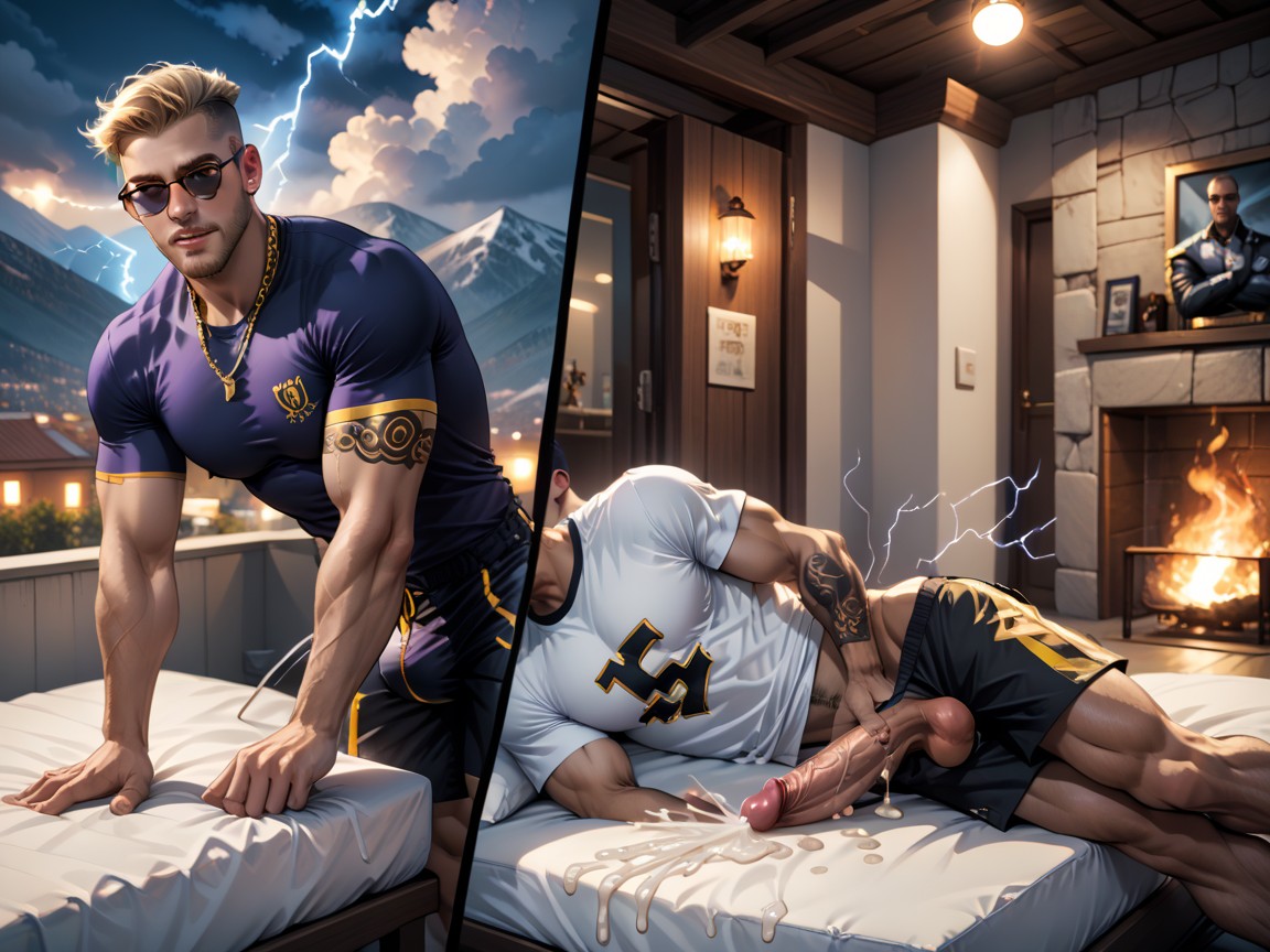 Gold Chains, Dark Sun Glasses, Shorts Around Ankles Pornografia gay com IA