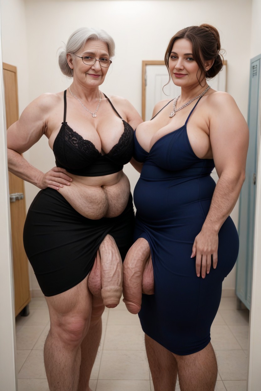 High Hair In Bun, Cellulite Arms, Standing Next To Granddaughter AI Porn