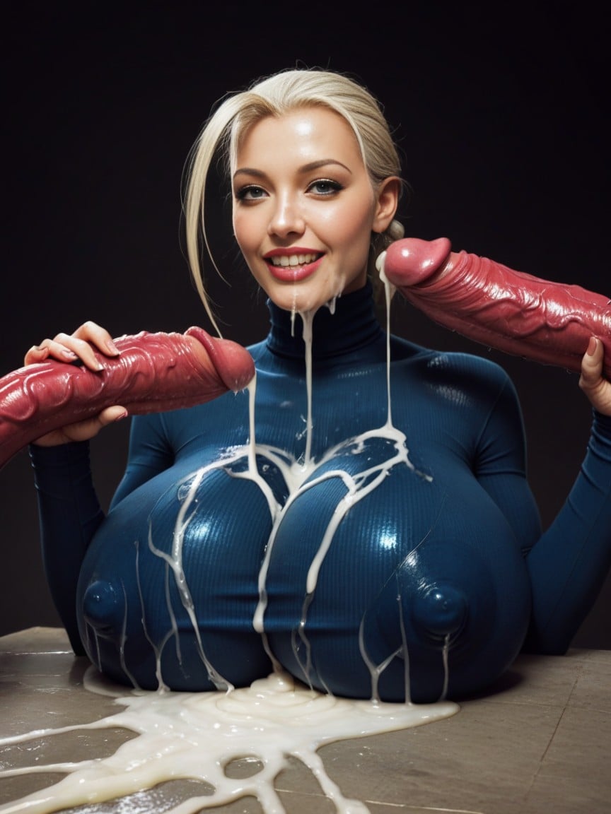 Extra Wide Nipple Bulge, Wet Dark Blue Spandex Turtleneck Covered In Cum Strings, Side View AI Porn