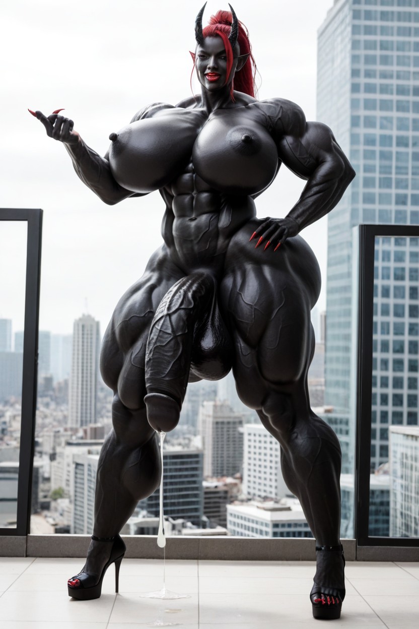 Muscular Thighs, Bottom Heavy, Hyper Black Balls Shemale AI Porn