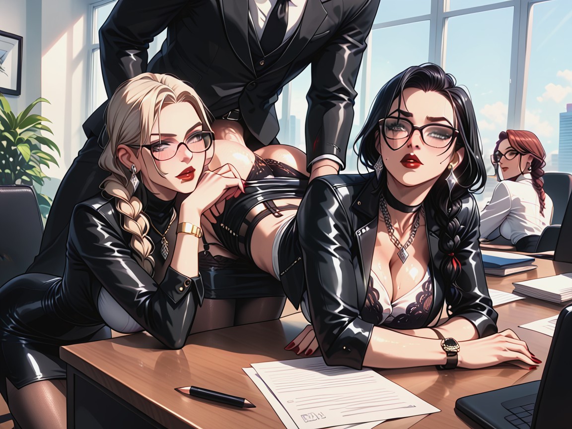 Office, Wristwatch, Two Women On Man AI Porn