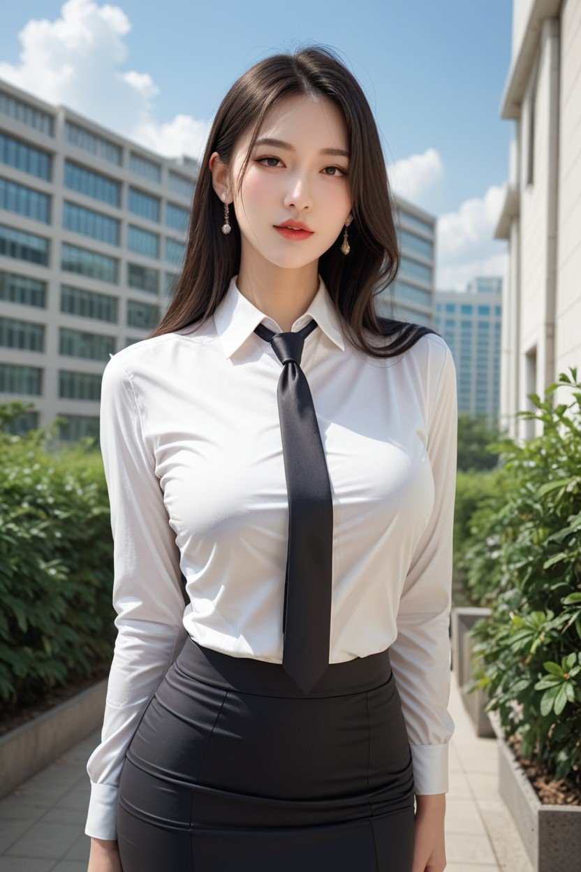 Outdoors, Beautiful Face, Black Pencil Skirt Asian AI Porn