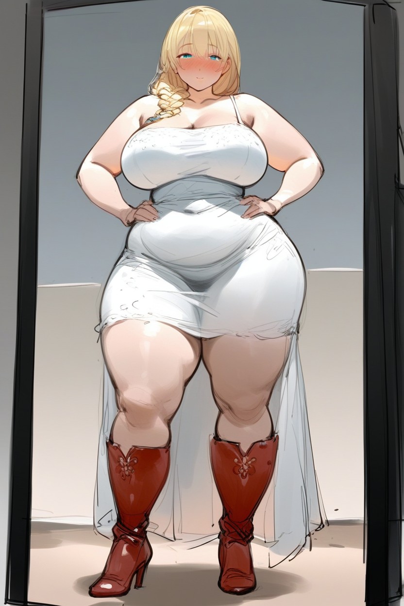 Long Blonde Braid To The Floor, Front View, Curvy Body Hentai AI Porn