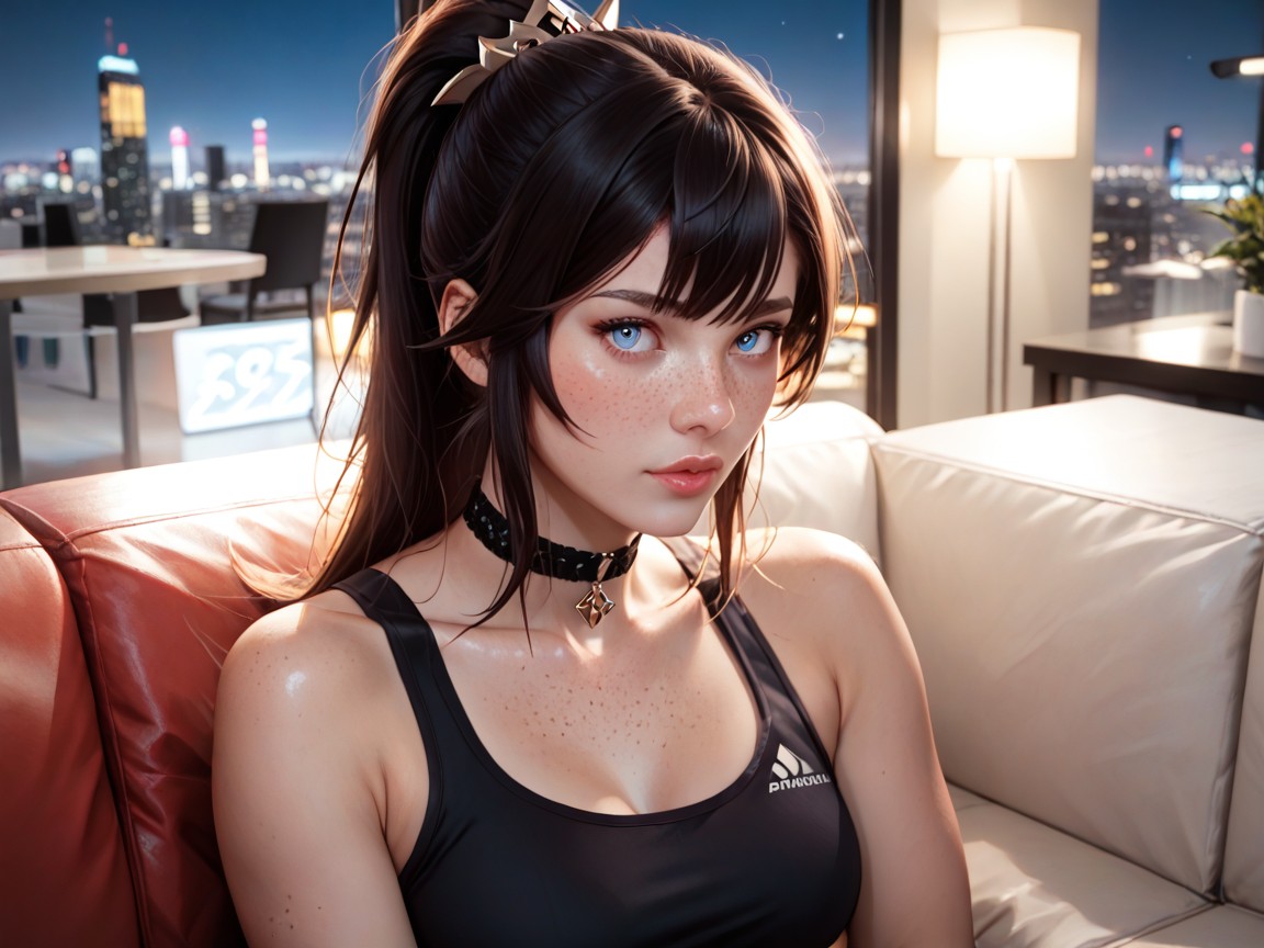 Stylish Modern Living Room, Shy, Tight Black Sports Bra AI Porn