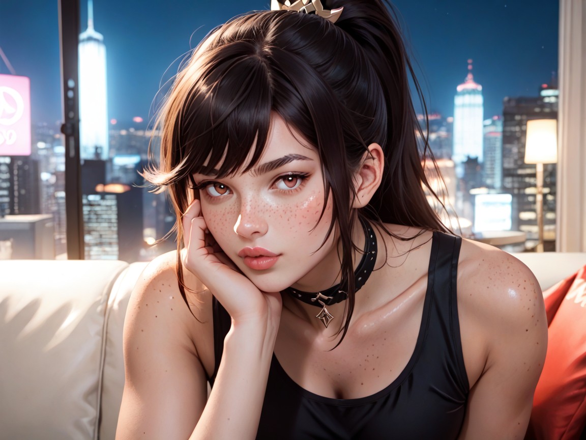 Hyper Attractive Kind Woman, Cityscape Outside, Long Dark Hair AI Porn