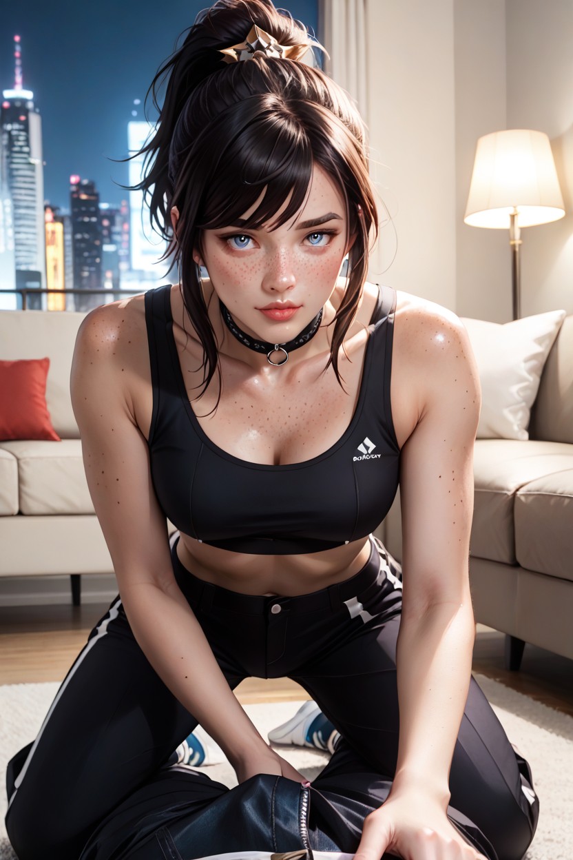 Shy, Sharp Chiseled Facial Features, Darkened Stylish Modern Dark Grey Living Room AI Porn