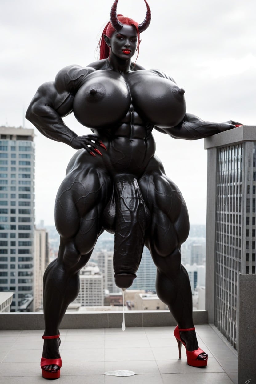Top Floor Balcony, Gigantic Flaccid Black Cock, Bodybuilder Shemale AI Porn