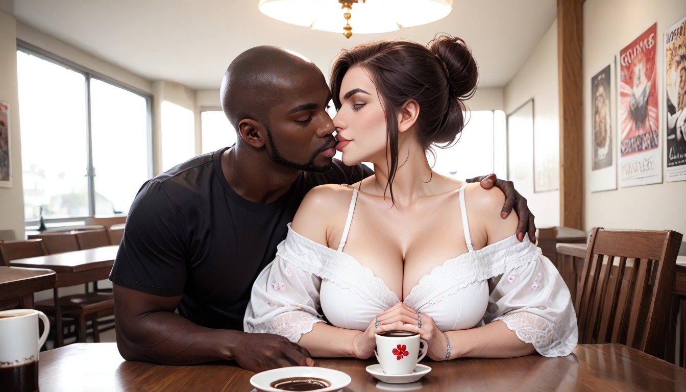 Making Out, Off-shoulder, Interracial Couple With Hands Clasped Together Hentai AI Porn
