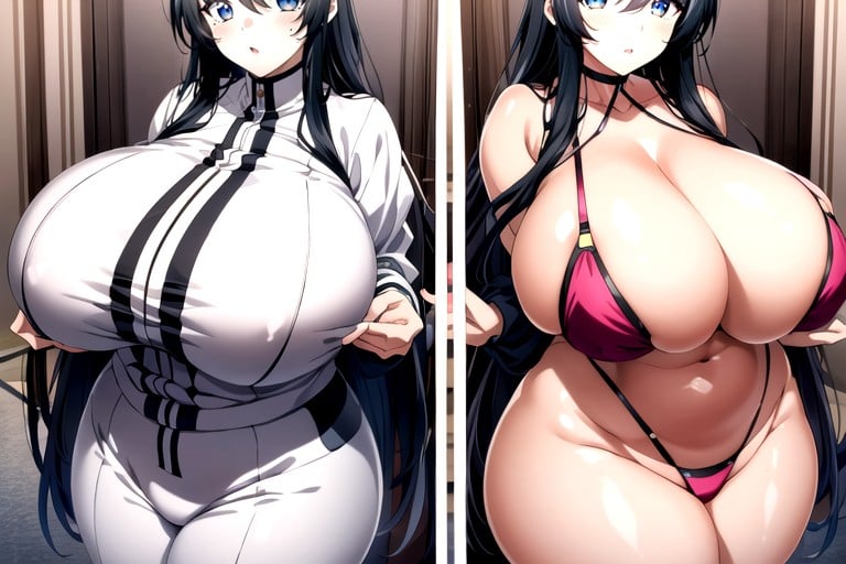 Extra Hyper Enlarging Weight Gain, Long Straight Black Blue Hair, Cleavage Hentai AI Porn