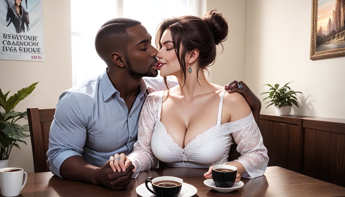 Cafe, Fully Clothed, His Arm Draped Over Her Shoulder Hentai AI Porn