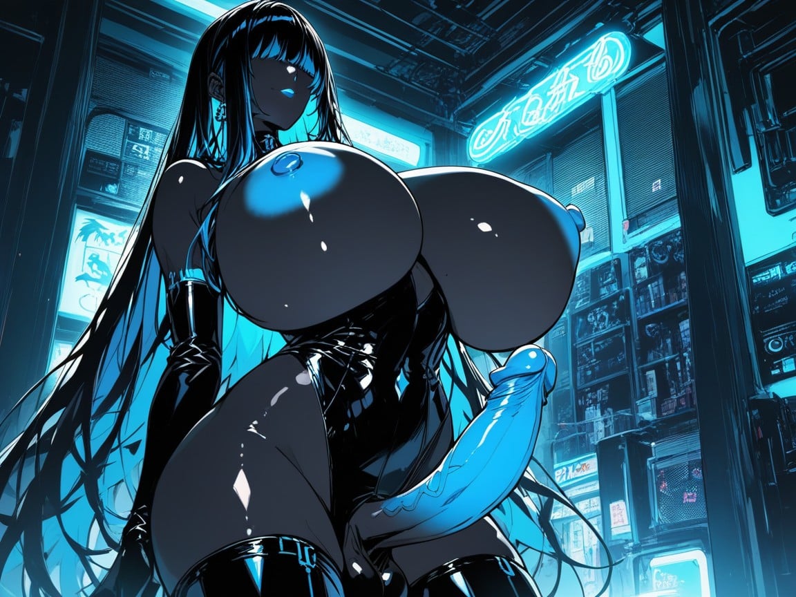 18+, Midnight Black Skin, Blue Neon Light At Room Shemale AI Porn