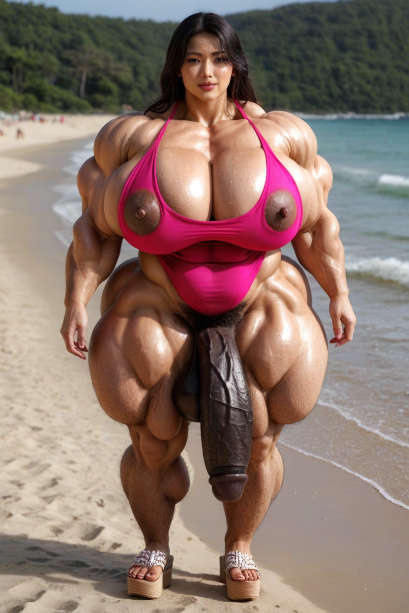 Ultra Muscular, Asian, Hairy Testicles Shemale AI Porn