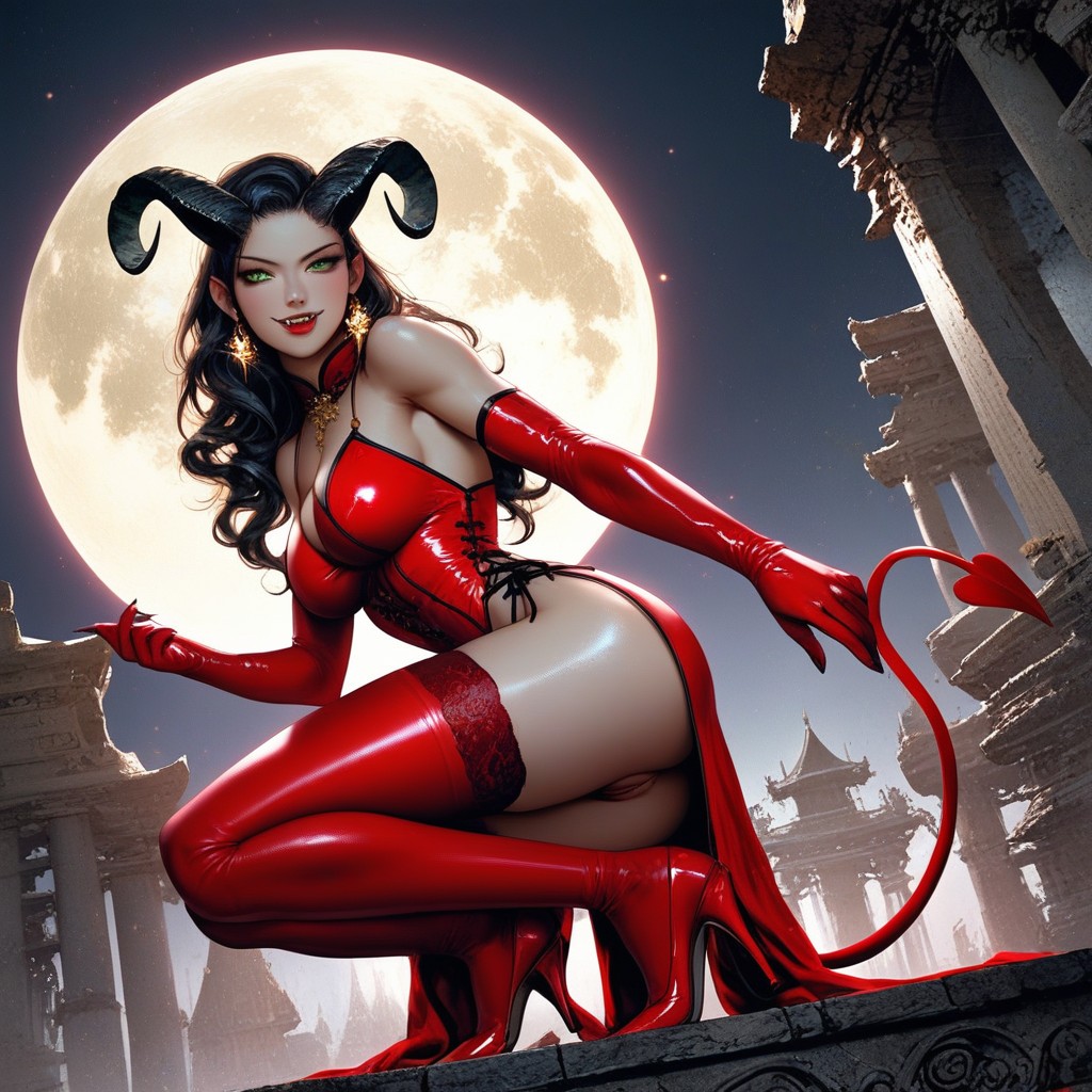 Dressed In A Red Latex Shortened Corset With Garters And Red Latex Stockings, Naked Body, Head Turned To The Side AI Porn