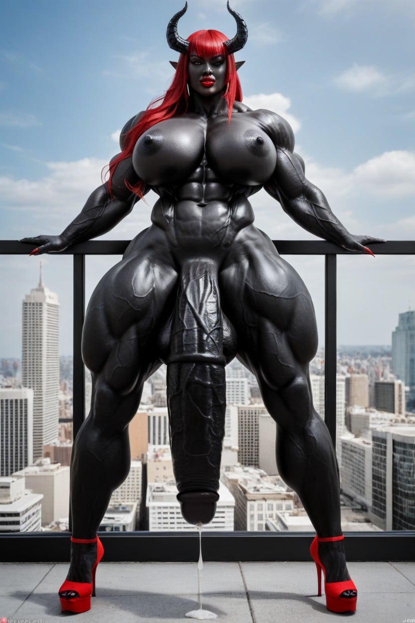 Red Hair, Black Cock Bigger Than Body, Leaning Against Railing Shemale AI Porn