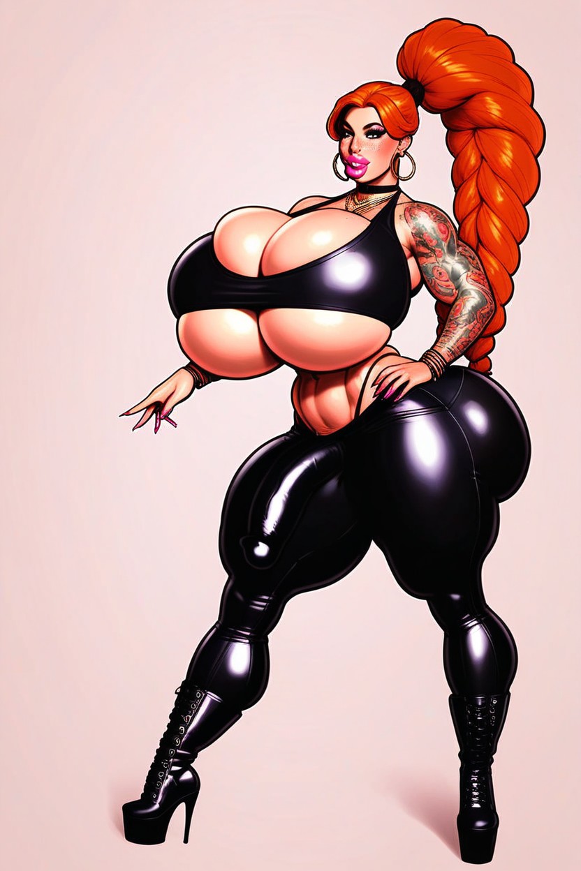 Full Body Tattoos, Very Long Auburn Hair, Thick Lips Shemale AI Porn