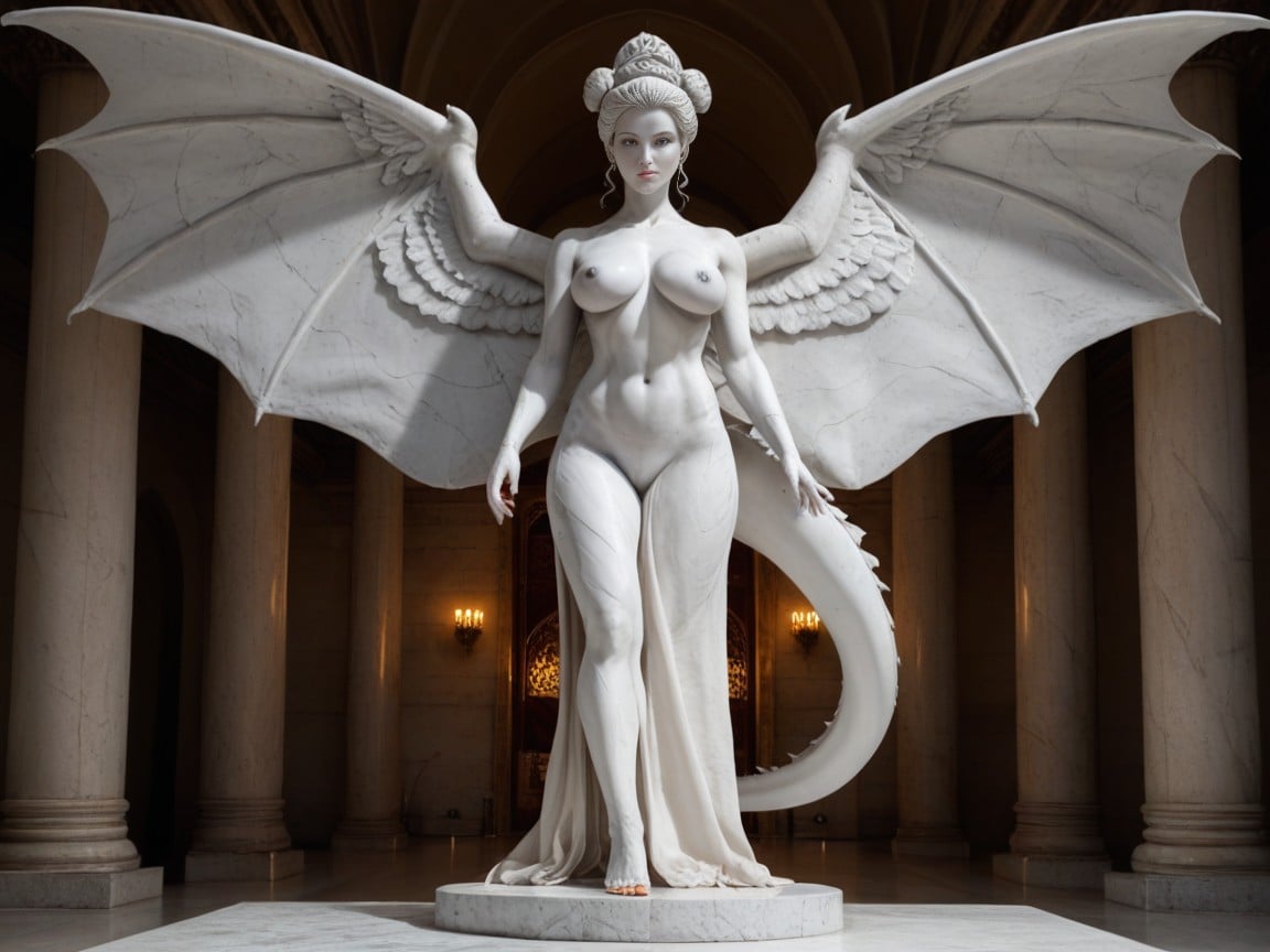 Hugedragon Wings Of Polished White Marble, Dynamic View, Looking At Viewer AI Porn