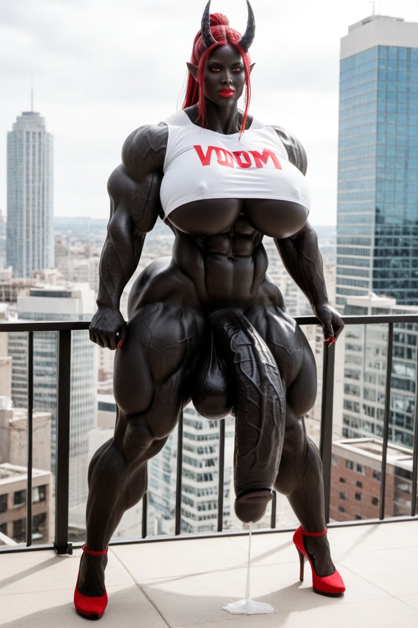 Big Oni Horns, Extremely Swollen Veins, Gigantic Tits Shemale AI Porn