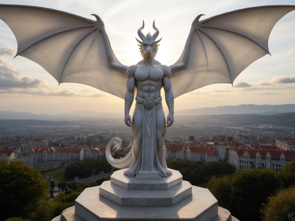 Dramatic Lighting, Rooftop Of A Castle, Large Dragon Wings Of Polished White Marble AI Porn