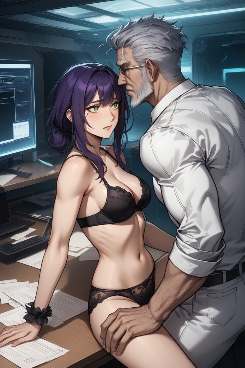 Dark Purple Hair, In Spaceship Office, Breasts Exposed AI Porn
