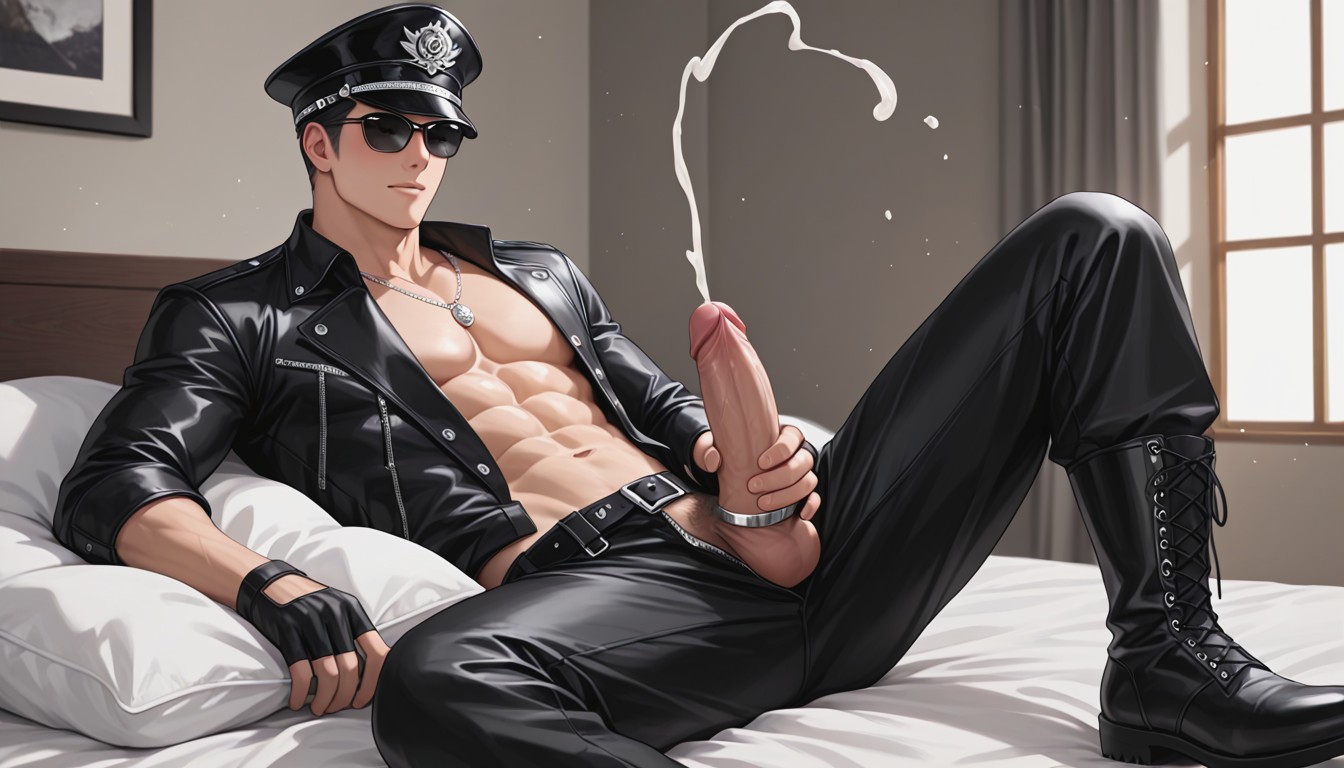 Wearing Black Belt With Silver Buckle, Erect Penis, 18+ 게이 AI 포르노