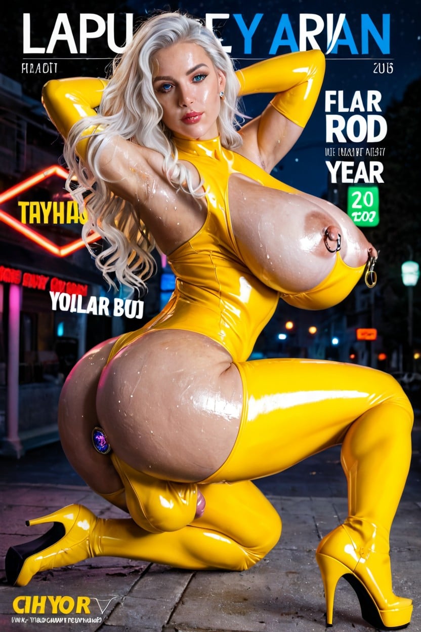 Neon Yellow Shiny Latex, 18+, Anal Plug Shemale AI Porn