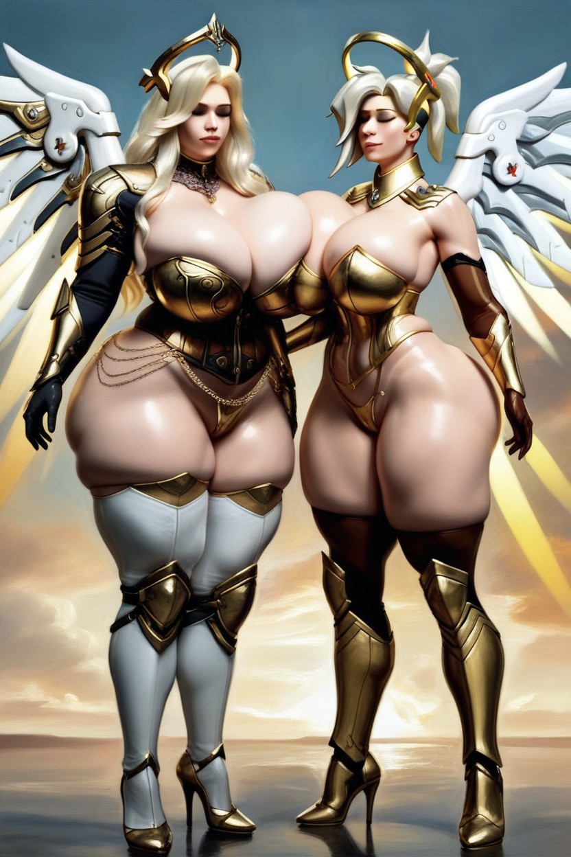 Thigh High Golden Armor Boots, White And Gold Long White Lace Gloves, Thick Thighs Porno IA Hentai