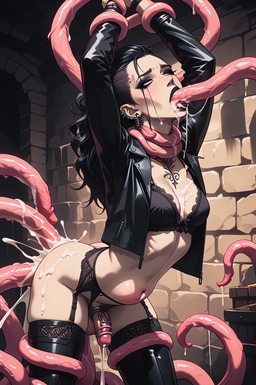 Black Tattoos, 皮革服装, Covered In Cum 人妖AI色情
